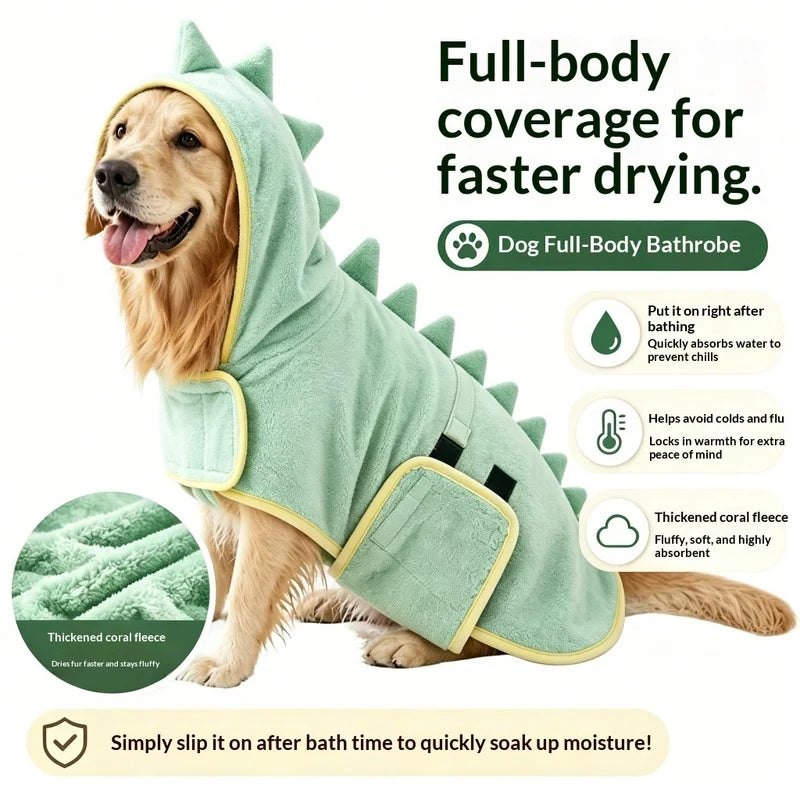 Cute Dinosaur Dog Bathrobe, Microfiber Water Absorbing Drying Coat, Wearable Pet Bathing Outfit for Puppy Grooming After Shower