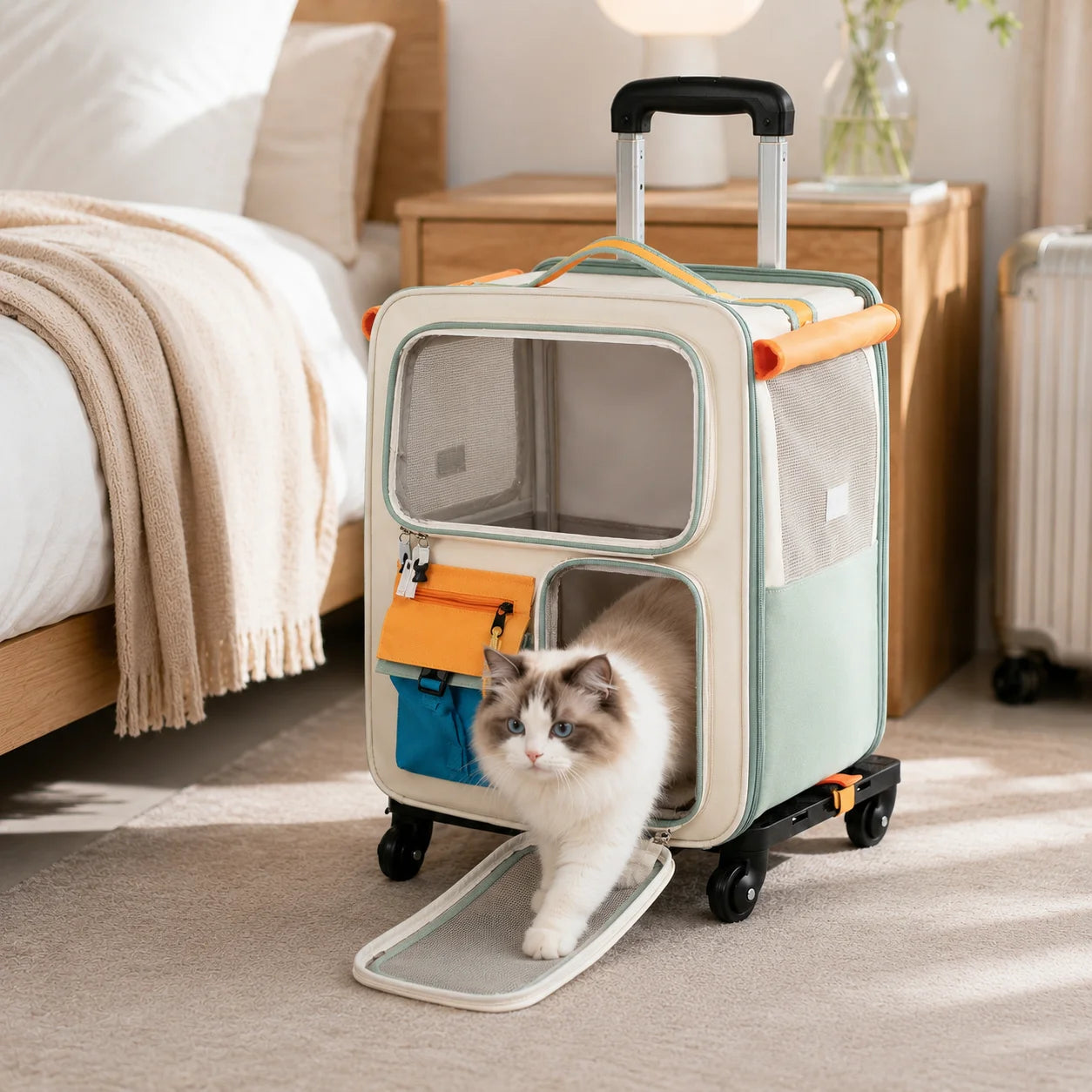 2-in-1 Rolling Cat Carrier with Wheels, Telescopic Handle, Polyester Pet Travel Bag, Clear Window, Mesh Ventilation