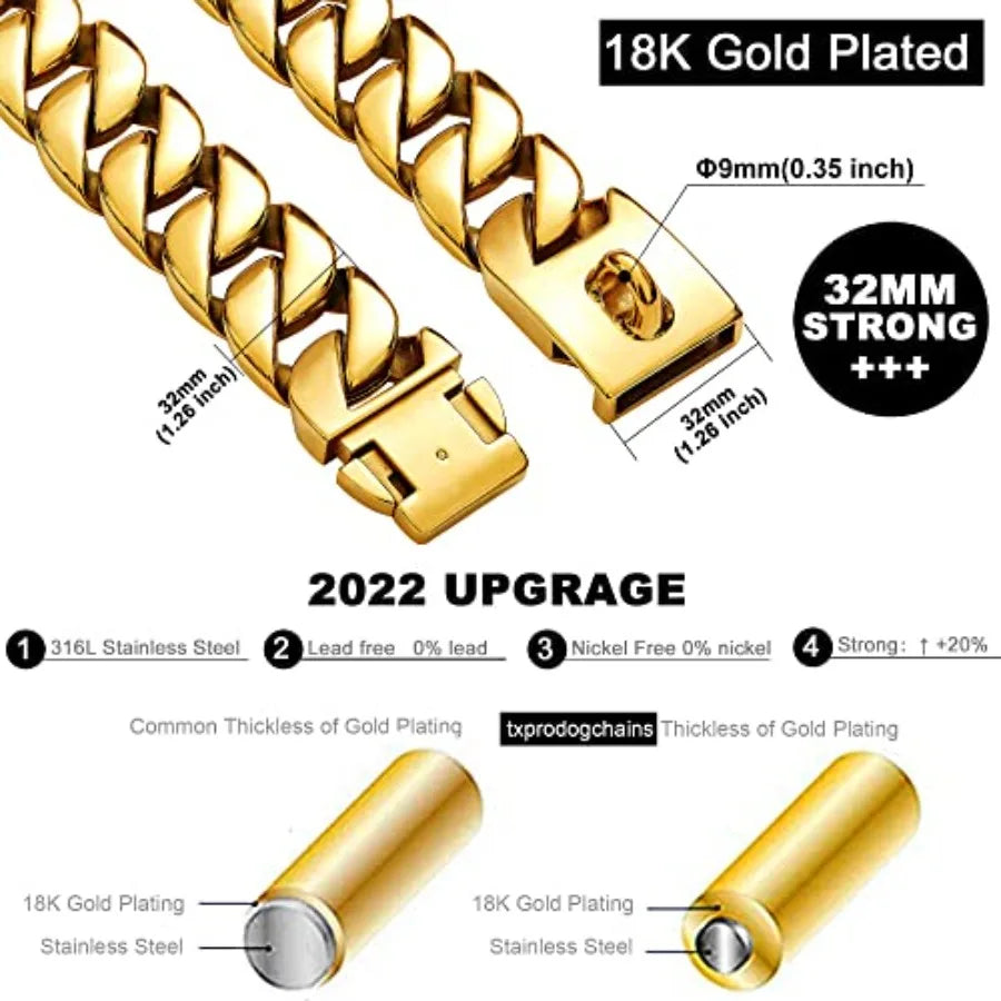 32MM Thick Cuban Link Collar - Strong Metal Gold Dog Collar with Buckle for Large Dogs