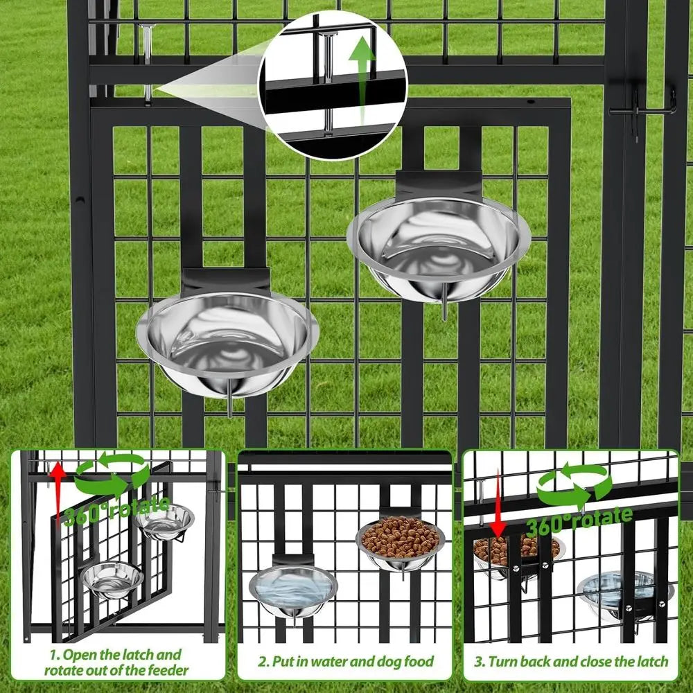 Sturdy Outdoor Dog Enclosure with Swiveling Food Dishes, 8 x 4 x 5.6 ft