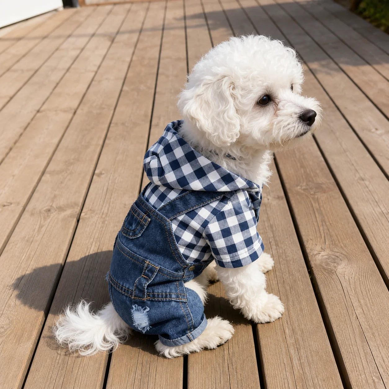 1pc Dog Outfits for Small Dogs，Striped 4-Leg Denim Effect Jumpsuit, Cute Suspender Pants for Spring Summer Wear