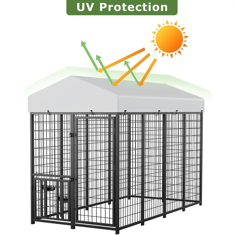 Sturdy Outdoor Dog Enclosure with Swiveling Food Dishes, 8 x 4 x 5.6 ft