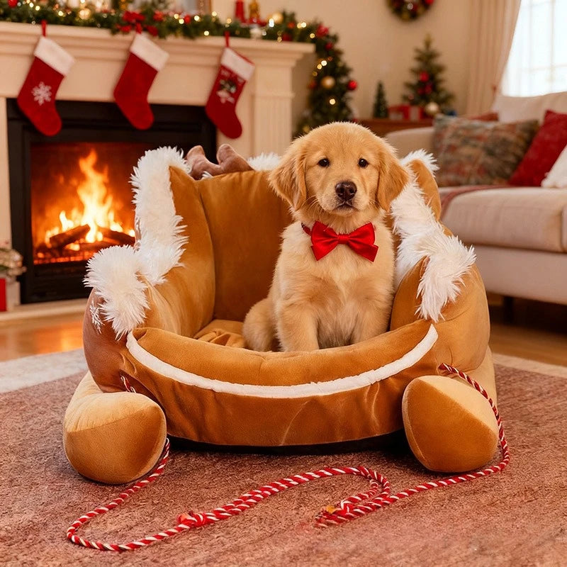 Christmas Sleigh Bed Removable Washable Plush Pet Warm Sofa with Non-Slip Base Christmas Cat Dog Nest for Winter Indoor Outdoor