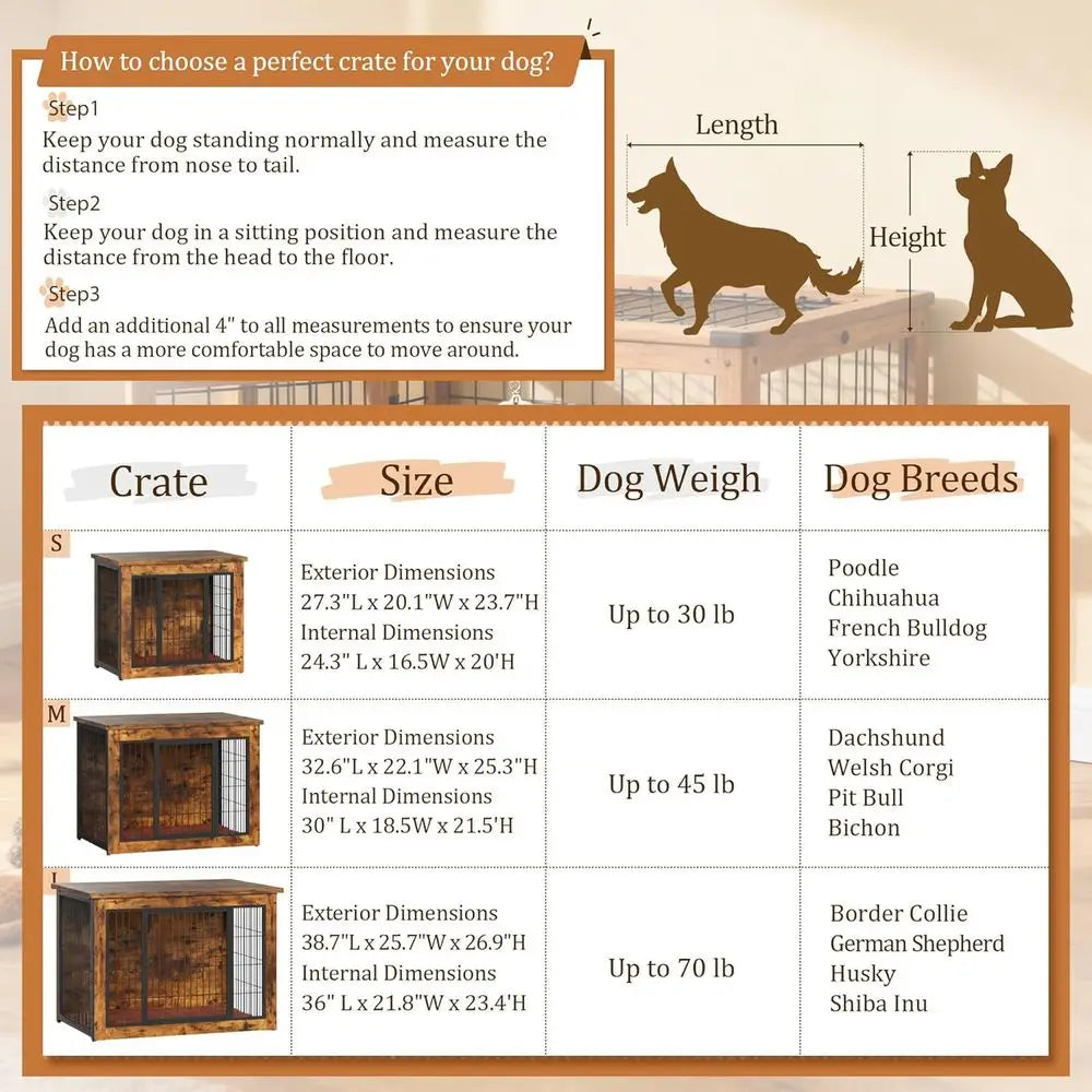 Durable Wooden Dog Crate with Double Doors, Side Table Function, Plush Cushion, and Chew-Resistant Surface