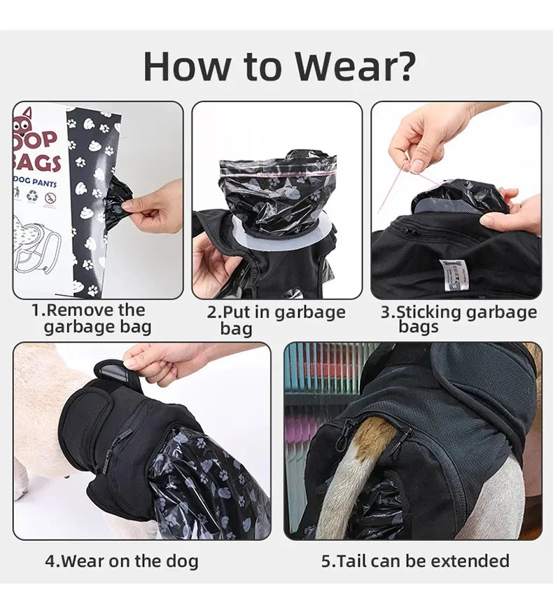 Portable Dog Poop Collection Pants Washable Pet Diaper with Disposable Printed Bags for Outdoor Travel Reusable & Easy Clean Bag