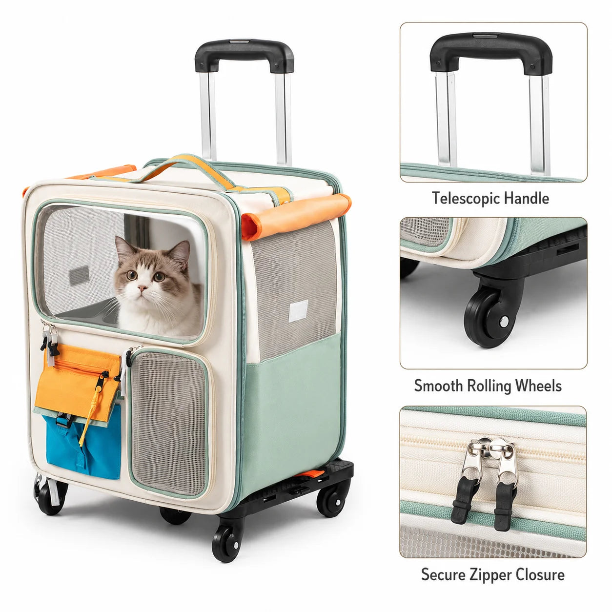 2-in-1 Rolling Cat Carrier with Wheels, Telescopic Handle, Polyester Pet Travel Bag, Clear Window, Mesh Ventilation