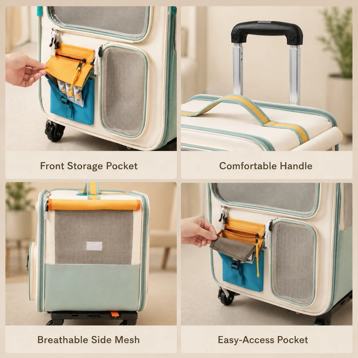 2-in-1 Rolling Cat Carrier with Wheels, Telescopic Handle, Polyester Pet Travel Bag, Clear Window, Mesh Ventilation