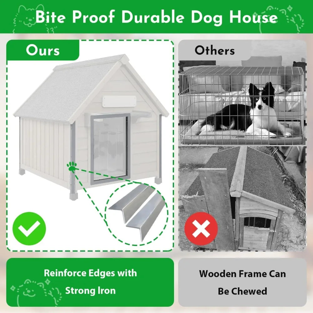 Outdoor Dog House Weatherproof Large Wooden Dog Kennel Indoor for Small Dogs with Chew-Proof Frame, Oxford Fabric Window, Remova