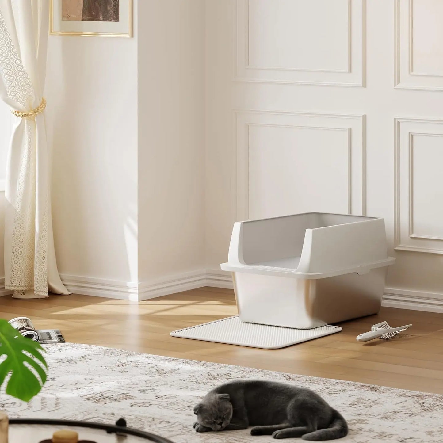 Stainless Steel Litter Box Large Odor Free Anti-Leakage High Sided Cat Litter Box with Scoop&Litter Mat, Semi-enclosed/Enclosed