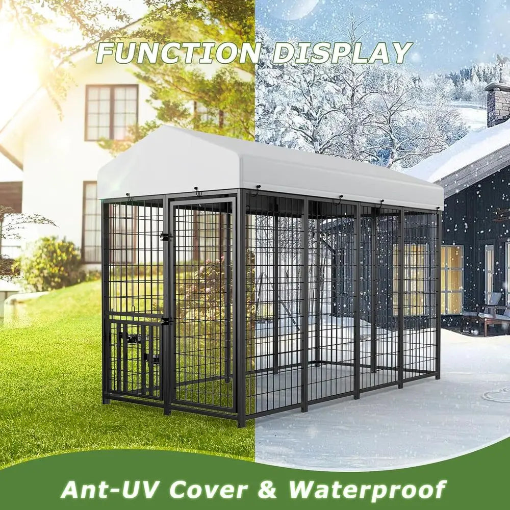 Sturdy Outdoor Dog Enclosure with Swiveling Food Dishes, 8 x 4 x 5.6 ft