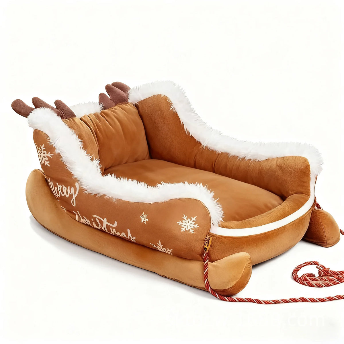 Christmas Sleigh Bed Removable Washable Plush Pet Warm Sofa with Non-Slip Base Christmas Cat Dog Nest for Winter Indoor Outdoor