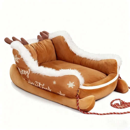 Christmas Sleigh Bed Removable Washable Plush Pet Warm Sofa with Non-Slip Base Christmas Cat Dog Nest for Winter Indoor Outdoor