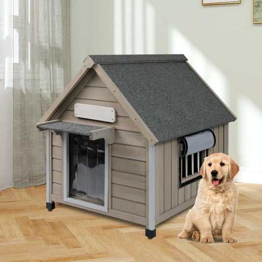 Outdoor Dog House Weatherproof Large Wooden Dog Kennel Indoor for Small Dogs with Chew-Proof Frame, Oxford Fabric Window, Remova