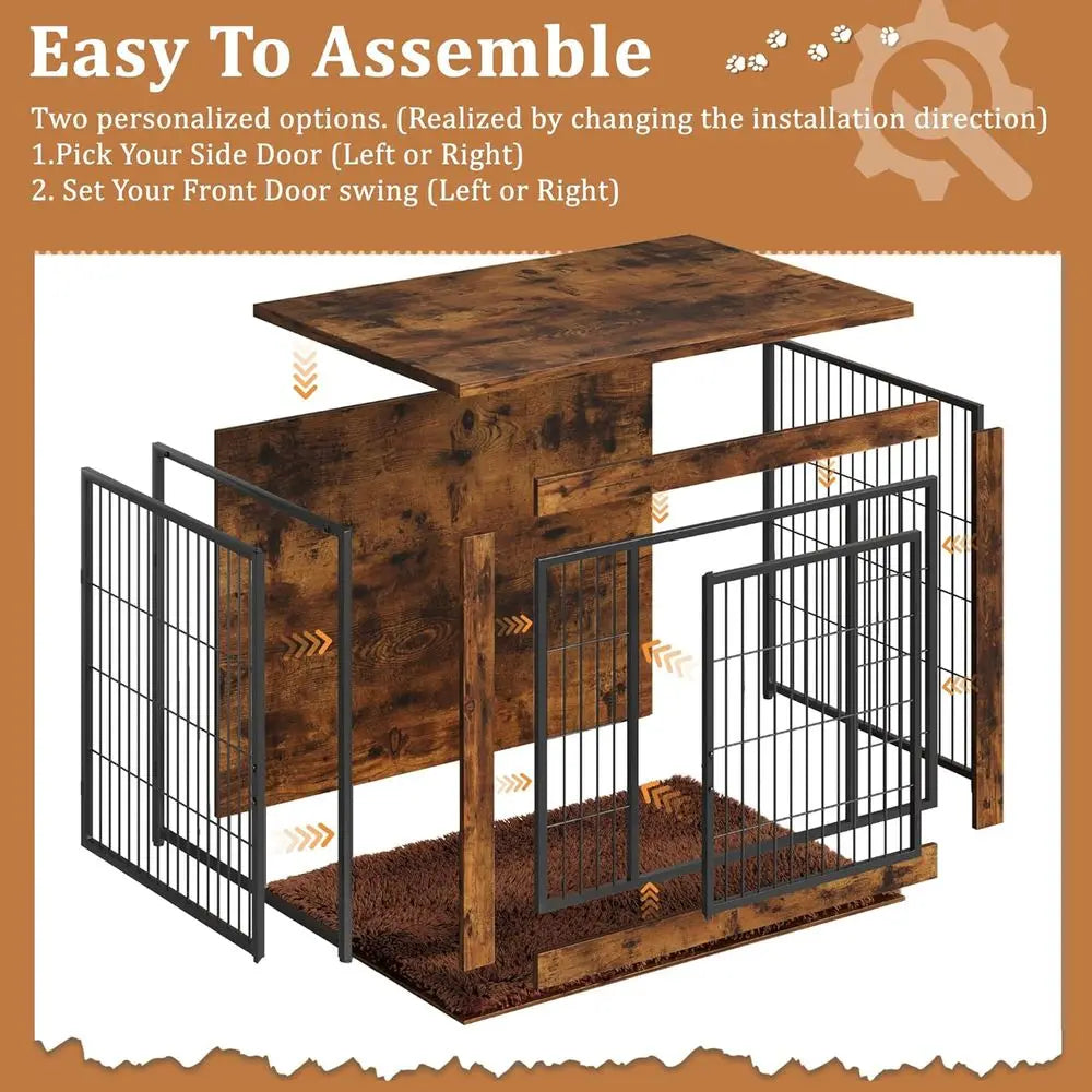 Durable Wooden Dog Crate with Double Doors, Side Table Function, Plush Cushion, and Chew-Resistant Surface