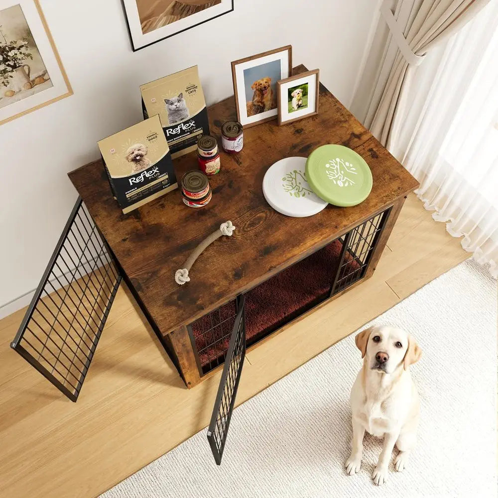 Durable Wooden Dog Crate with Double Doors, Side Table Function, Plush Cushion, and Chew-Resistant Surface