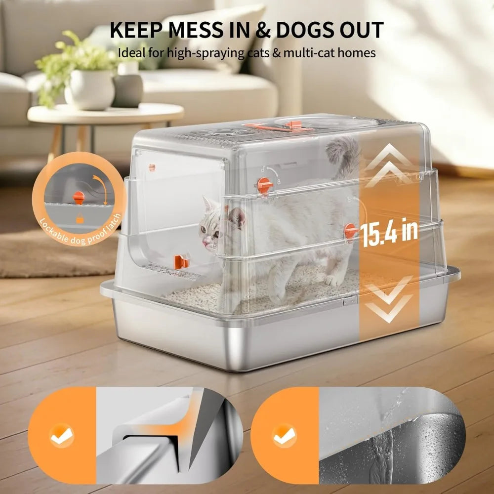 Extra Large Enclosed Stainless Steel Cat Litter Box with High Sides Flip Cover Scoop Step Leak Proof Odor Control