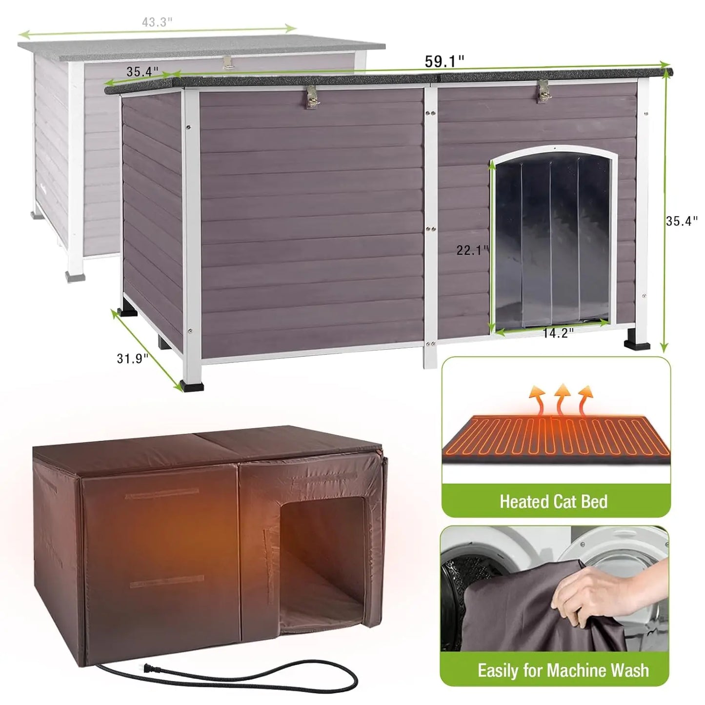 Large Heated Insulated Outdoor Dog House 59in Metal Frame Kennel Crate with Heater for Big Dogs, Custom
