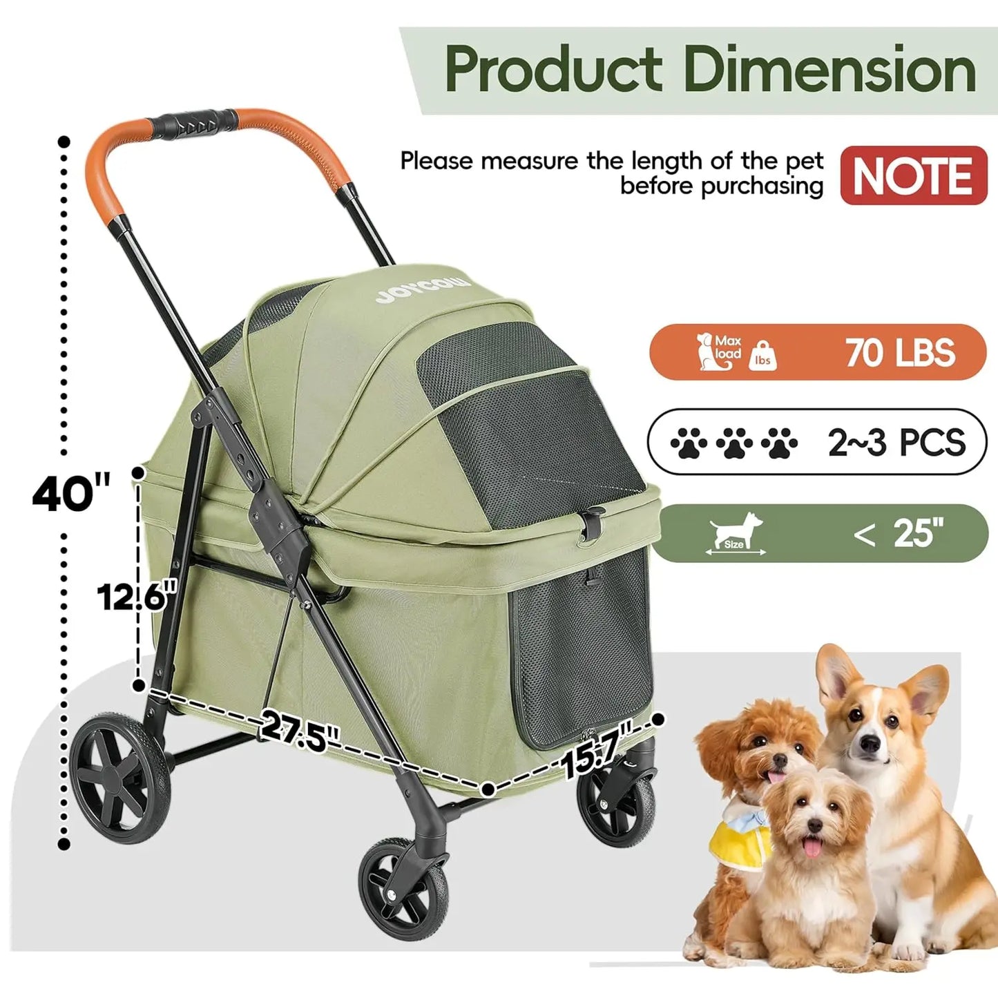 Low-Entry Pet Stroller for 2 Small or 1 Medium Dog, Anti-Jump-Out Design, 600D Oxford Fabric, Holds Up to 70 lbs, Green