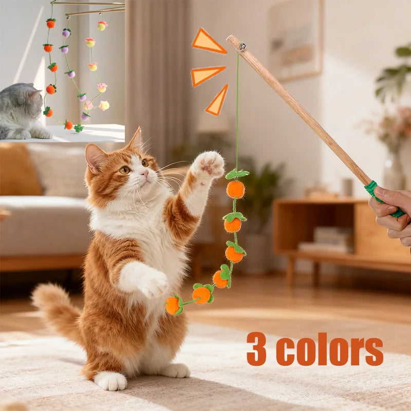 Interactive Cat Toy Funny Colorful Fruit Cats Teaser Stick Feather Toys Kitten Playing Teaser Wand Toy Cat Supplies