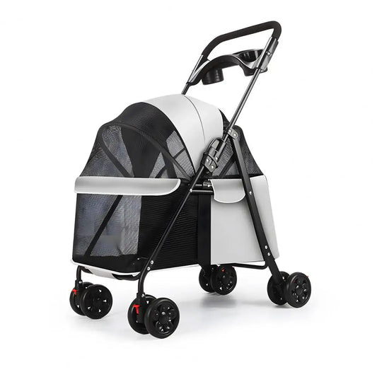 4 Wheels Dog Cat Stroller, Outdoor Travel Pet Folding Stroller, Dog Cat Cage Stroller with Cup Holder for Dog