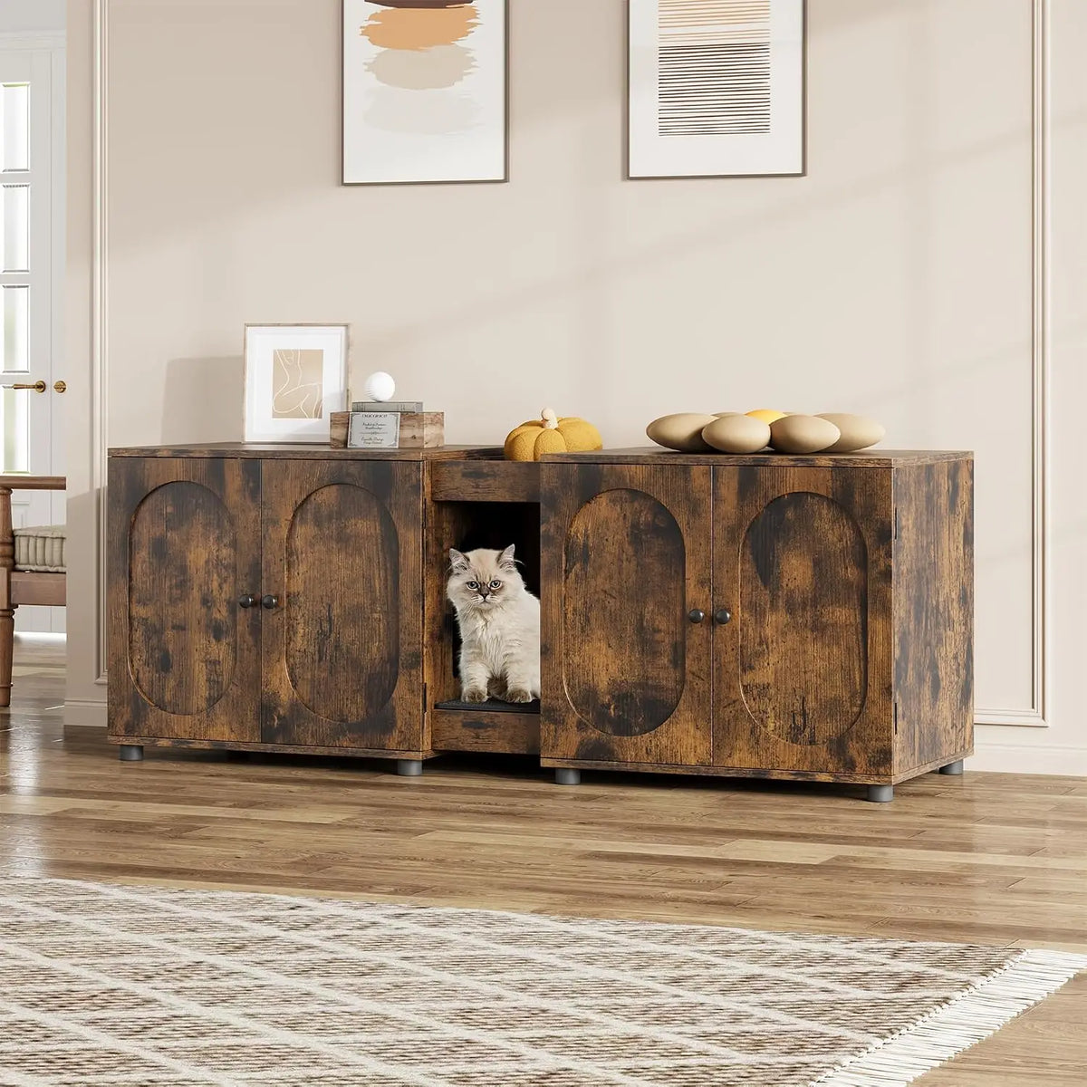 Double Cat Litter Box Enclosure Furniture - Extra Large Hidden Litter Box Cabinet for 2 Cats, Rattan Doors, Storage End Table/TV Stand, Litter Mat Included