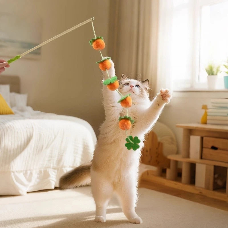 Interactive Cat Toy Funny Colorful Fruit Cats Teaser Stick Feather Toys Kitten Playing Teaser Wand Toy Cat Supplies