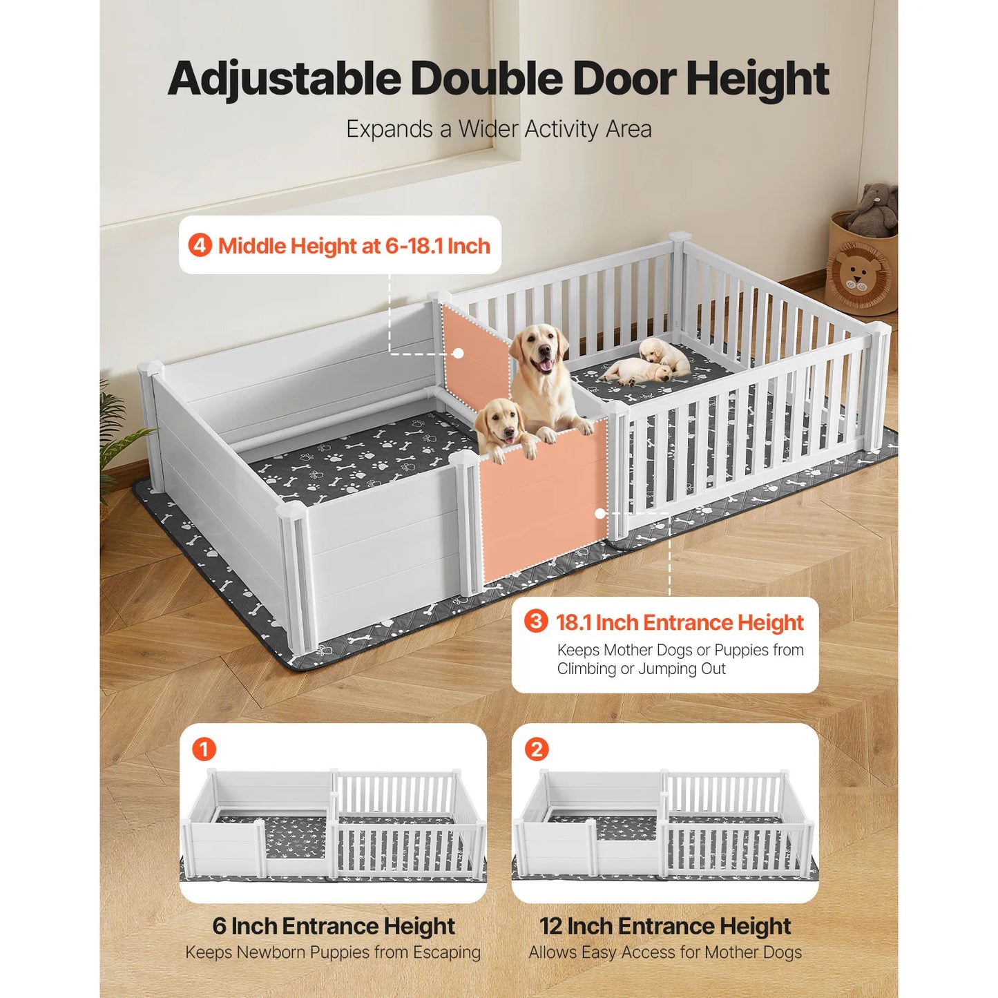 SucceBuy Dogs Whelping Box 93.3x48.4x18.1inch Plastic PVC Puppies Playpen with Height Adjustable Door for Extra Large Breed Dogs