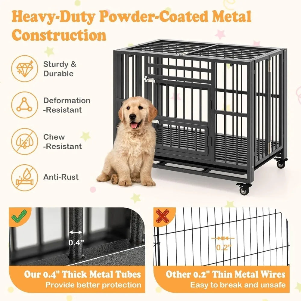 Foldable Metal Dog Crate - Heavy Duty Dog Cage with Top Doors, Feeding Access, Removable Tray, Lockable Wheels，Customized
