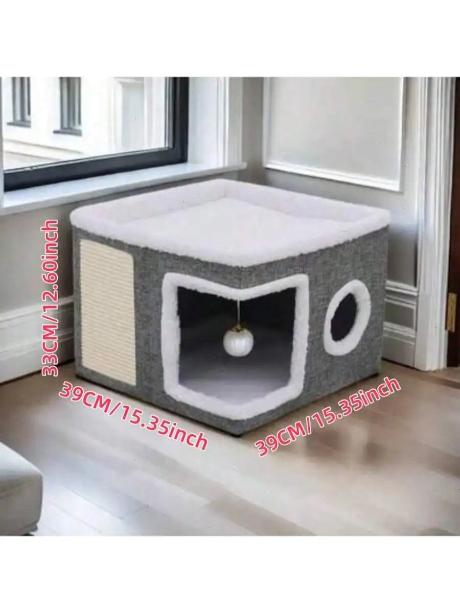 4-Season Multi-Level Cat House: Foldable Indoor Play Cube with 2-Layer Bed, Toy Tunnel, Scratching Board, Climbing Rope, Soft Cushions, and Non-Slip Base - Perfect Cat Cave & Warm Bed for Small to Large Cats (Grey）