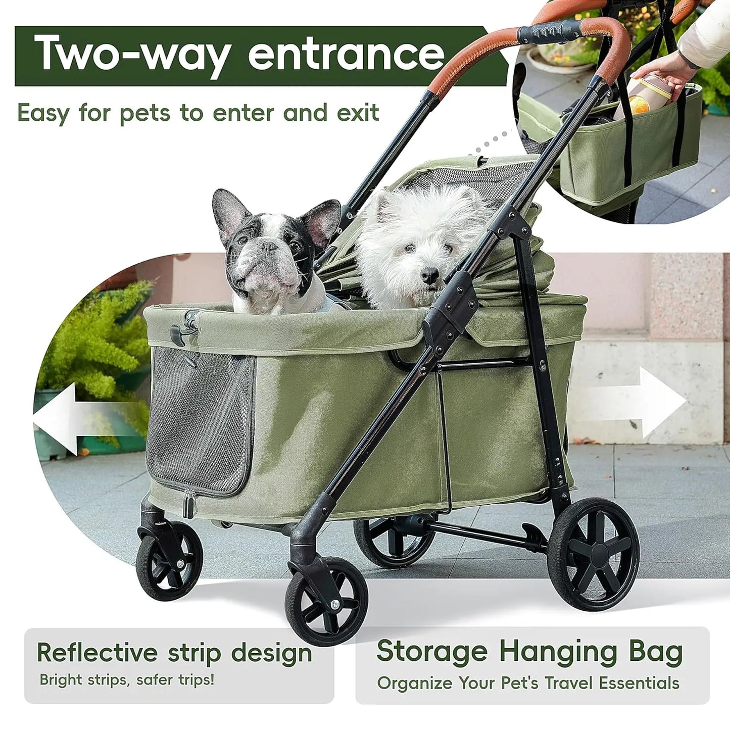 Low-Entry Pet Stroller for 2 Small or 1 Medium Dog, Anti-Jump-Out Design, 600D Oxford Fabric, Holds Up to 70 lbs, Green