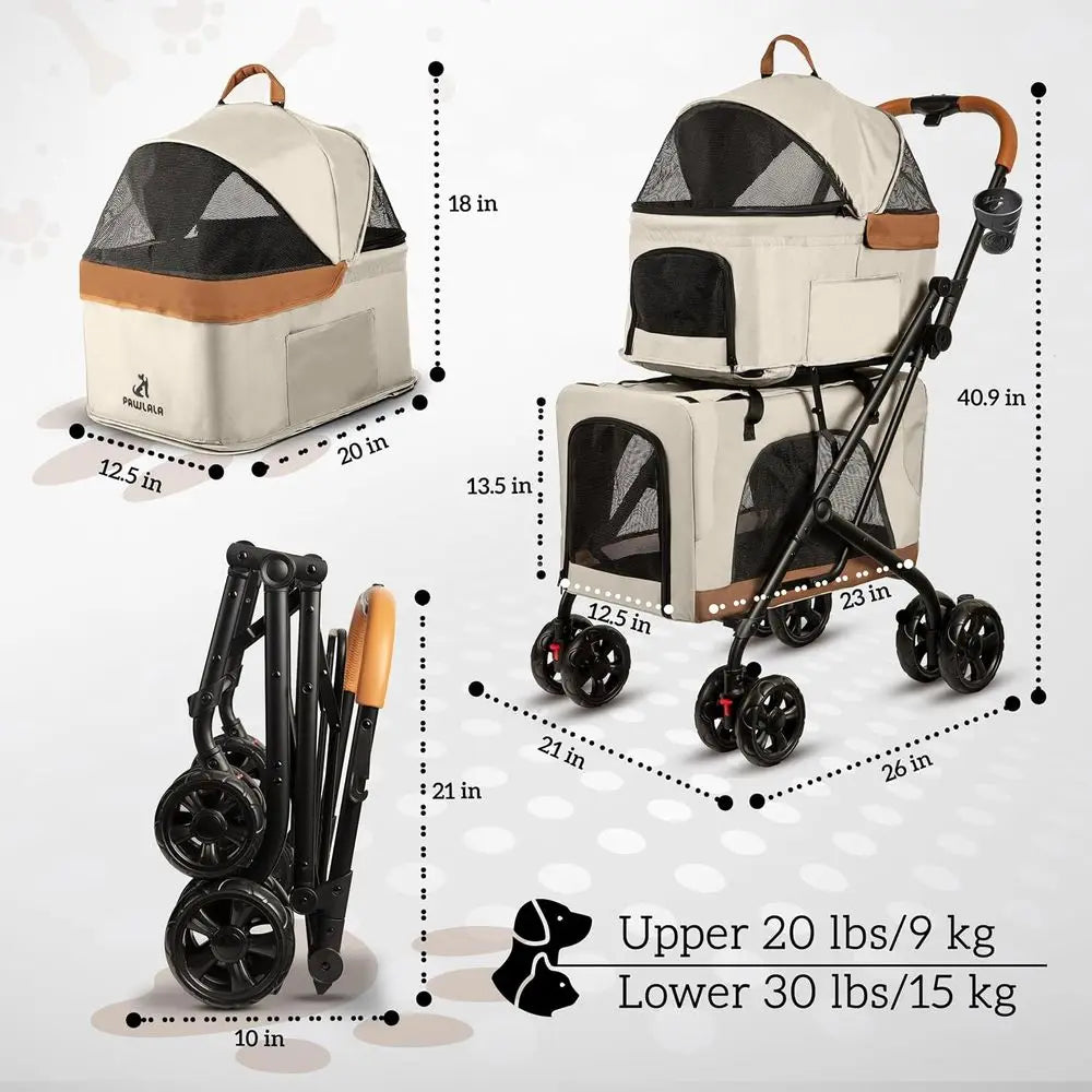 Double Pet Stroller with Detachable Carriers - Ideal or 2 Dogs or Cats - Compacnvenient Design - Easy Assembly Double Dog Stroll