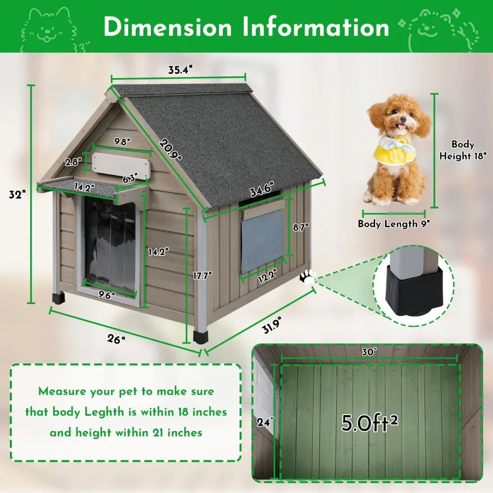 Outdoor Dog House Weatherproof Large Wooden Dog Kennel Indoor for Small Dogs with Chew-Proof Frame, Oxford Fabric Window, Remova