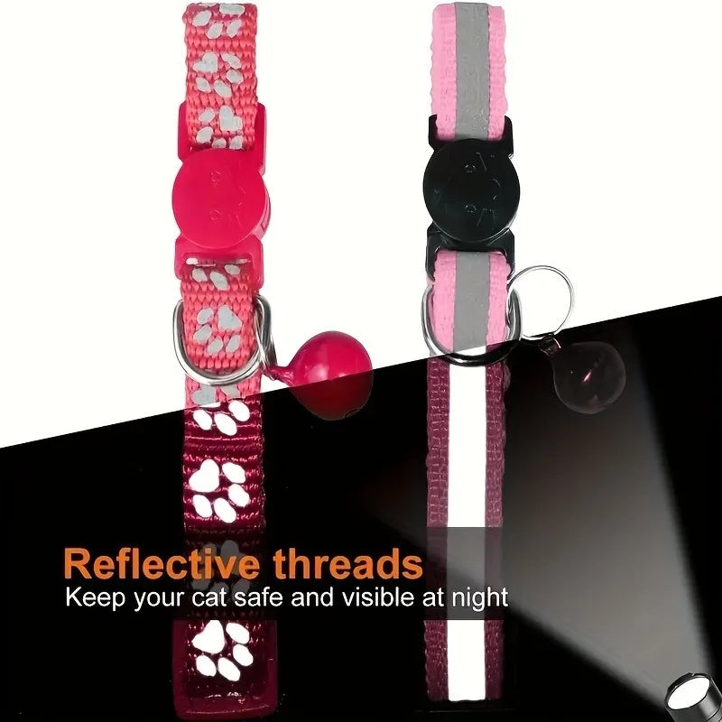 Custom Reflective Paw Cat Collar Personalized ID Adjustable Safety Buckle with Bell Free Engraving Nylon Puppy Kittens Necklace