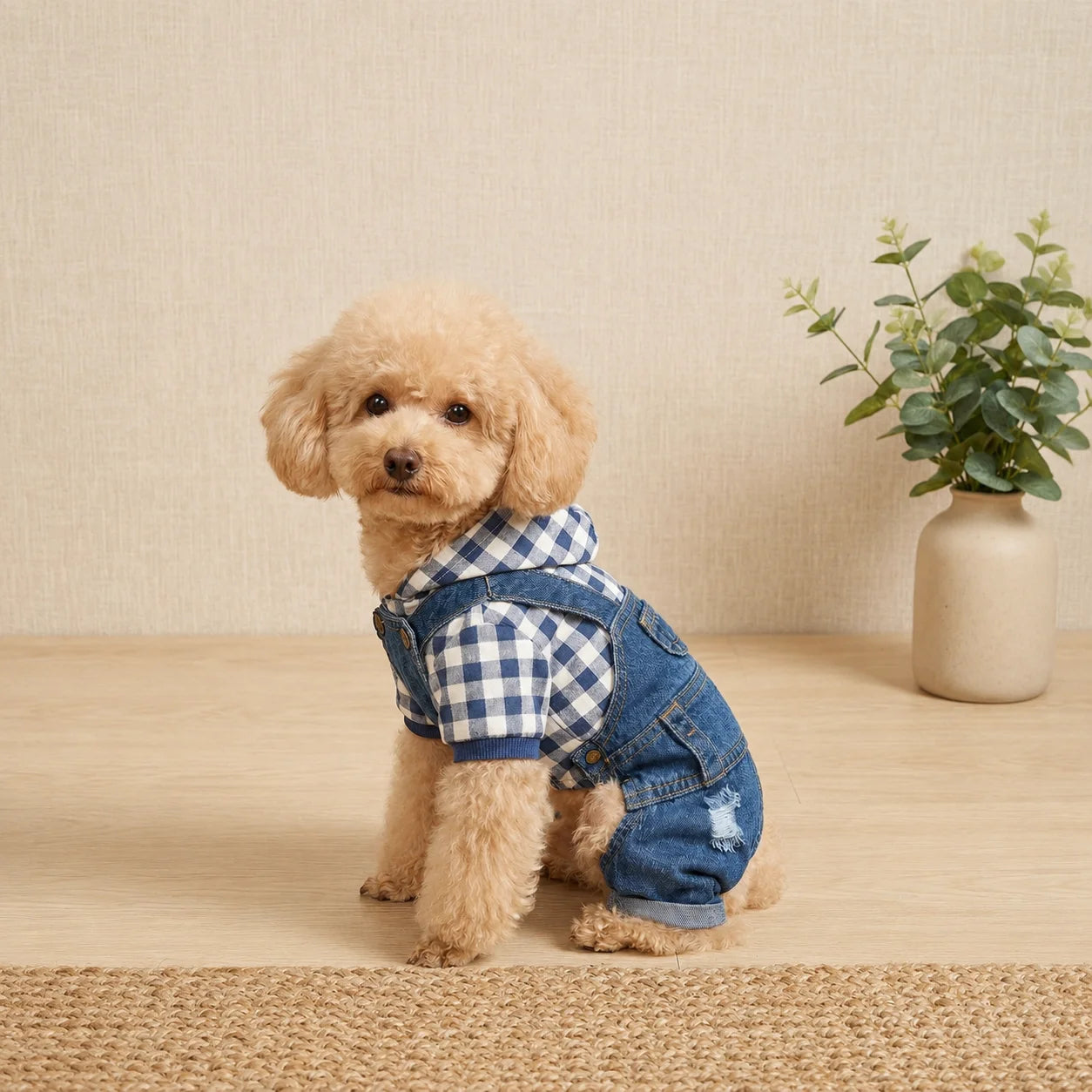 1pc Dog Outfits for Small Dogs，Striped 4-Leg Denim Effect Jumpsuit, Cute Suspender Pants for Spring Summer Wear