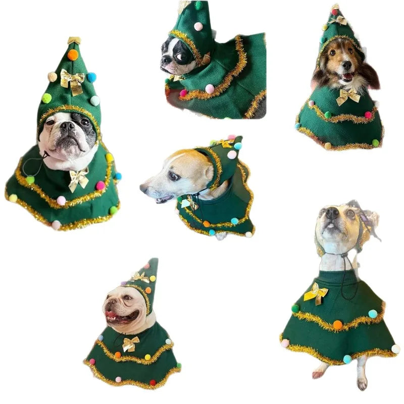 Pet Christmas Tree Cape & Hat Set, Dog Xmas Cosplay Outfit, Cute Holiday Costume for Bichon, Westie, Teddy Small Dogs & Cats