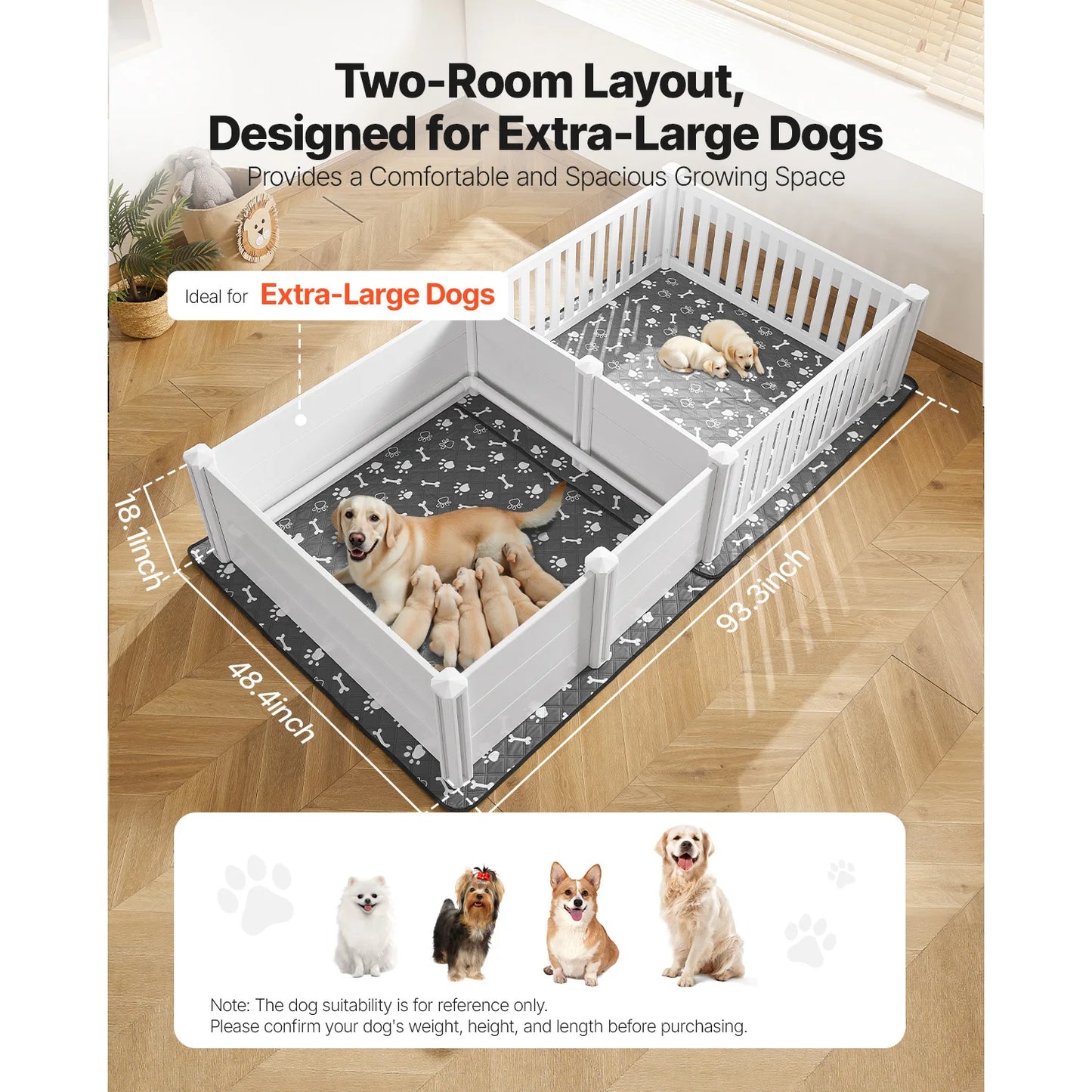 SucceBuy Dogs Whelping Box 93.3x48.4x18.1inch Plastic PVC Puppies Playpen with Height Adjustable Door for Extra Large Breed Dogs