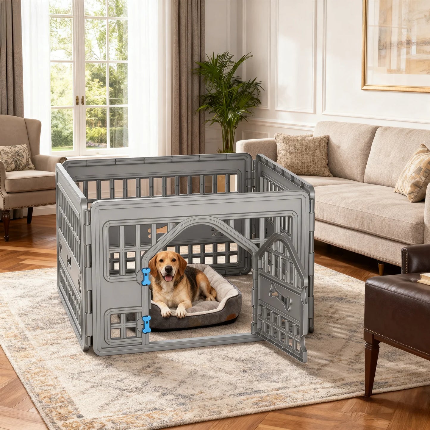 4 Panels Plastic Pet Playpen Indoor Outdoor Dog Fence, Foldable Puppy Exercise Pen for Small Medium Pets