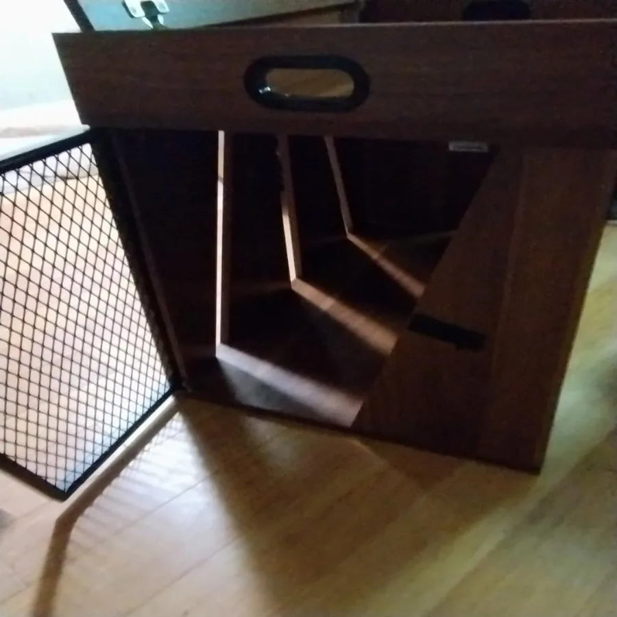 Modern Geometric Wooden Pet Crate with Integrated Storage Compartment for Leashes and Treats Cozy and Stylish Design Ideal for