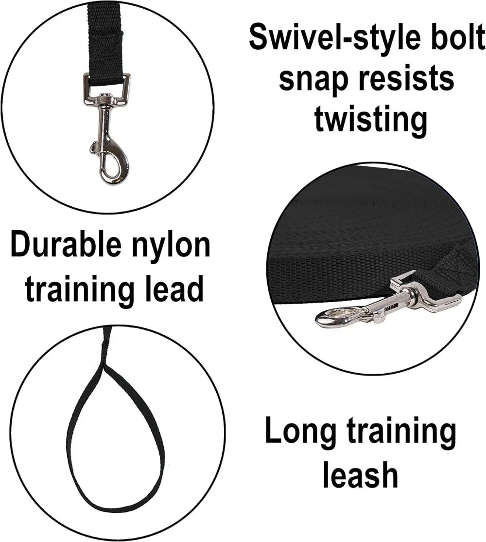 15-100ft Dog Training Leash, Nylon Long Lead for Recall, Obedience, Camping, Backyard - Black