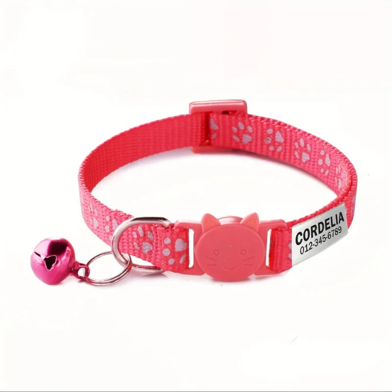 Custom Reflective Paw Cat Collar Personalized ID Adjustable Safety Buckle with Bell Free Engraving Nylon Puppy Kittens Necklace
