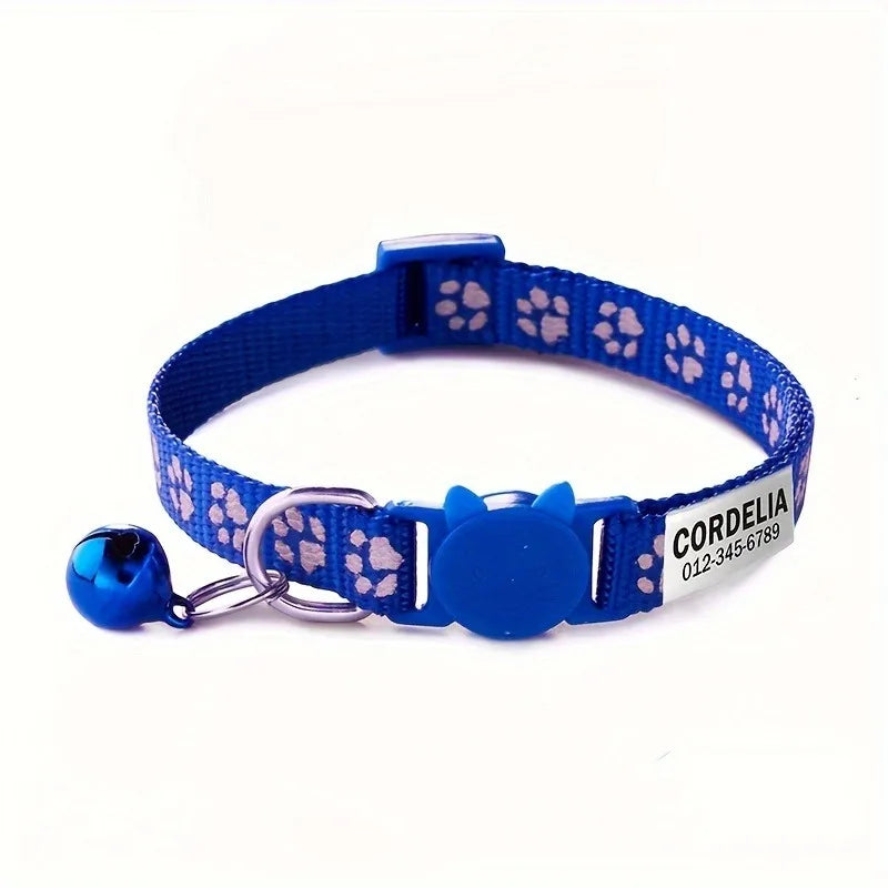 Custom Reflective Paw Cat Collar Personalized ID Adjustable Safety Buckle with Bell Free Engraving Nylon Puppy Kittens Necklace
