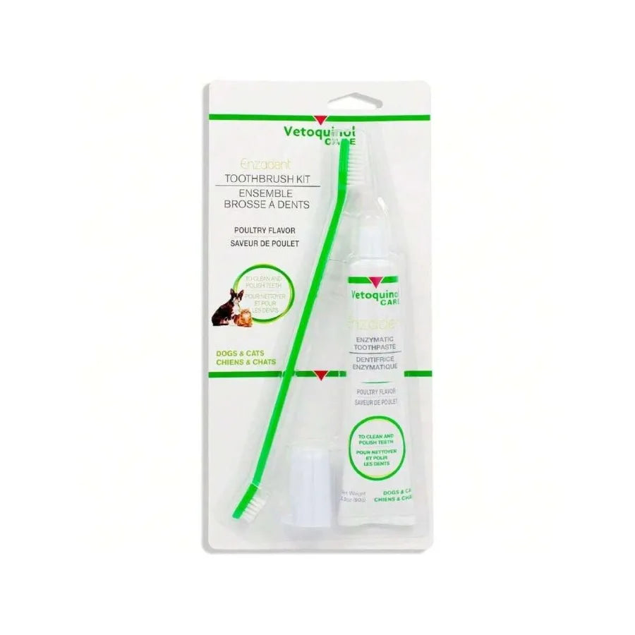 【New style】Enzadent Enzymatic Toothpaste Kit + Fingerbrush and Dual-End Toothbrush For Cats and Dogs 3.2 Oz, Poultry Flavor Ora