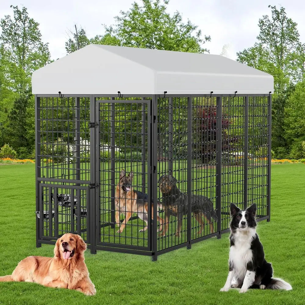 Sturdy Outdoor Dog Enclosure with Swiveling Food Dishes, 8 x 4 x 5.6 ft