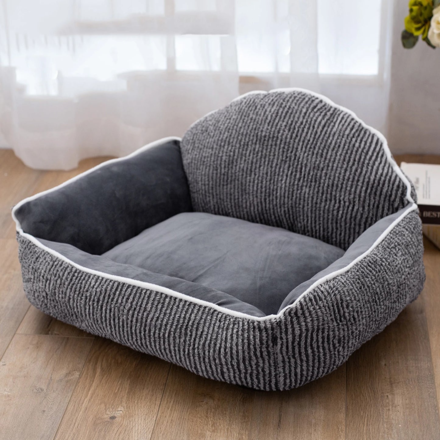 Striped Pets Cat Sleep Bed Pet Kennel Cushion Bed for Dog Cat Sofa Ergonomic Shell-Shaped Backrest Washable for Puppy Sleeping