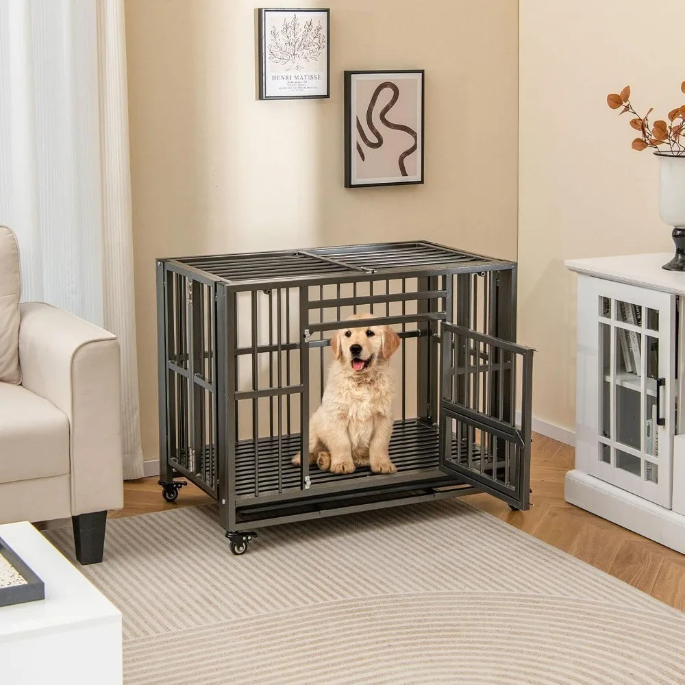 Foldable Metal Dog Crate - Heavy Duty Dog Cage with Top Doors, Feeding Access, Removable Tray, Lockable Wheels，Customized