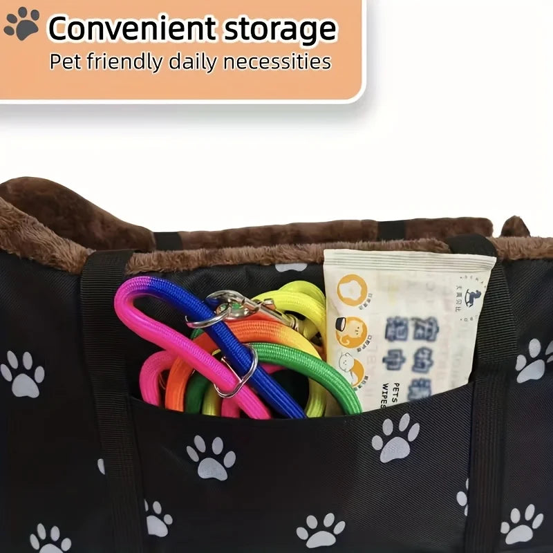 Black Fabric Dog Car Seat - Portable Pet Booster Basket with Paw Print Design, Equipped with Comfort Armrests and Headrest for S