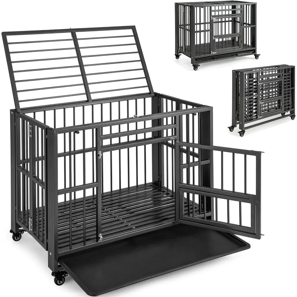 Foldable Metal Dog Crate - Heavy Duty Dog Cage with Top Doors, Feeding Access, Removable Tray, Lockable Wheels，Customized