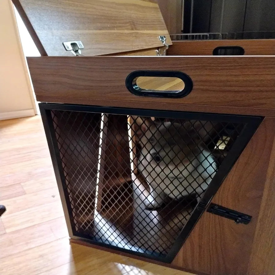 Modern Geometric Wooden Pet Crate with Integrated Storage Compartment for Leashes and Treats Cozy and Stylish Design Ideal for