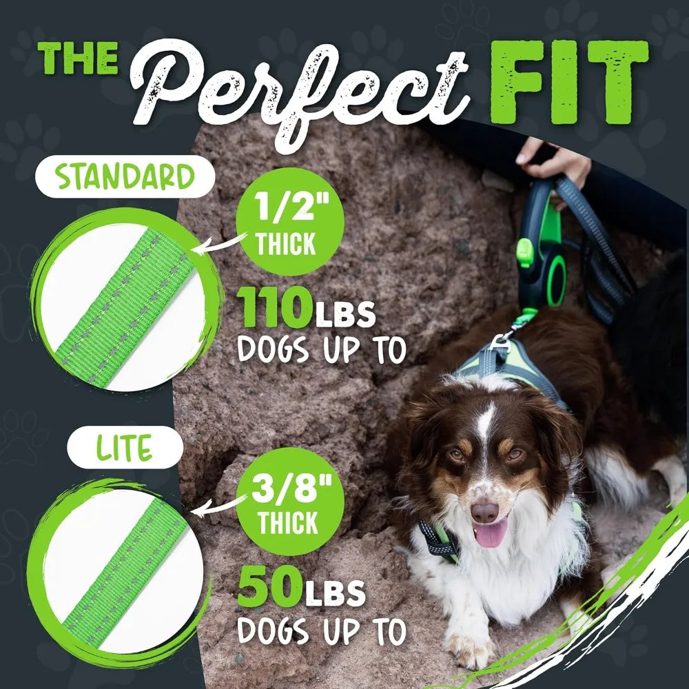 Retractable Dog Leash 16ft Heavy Duty Reflective Nylon for Small & Medium Dogs, Tangle-Free with Quick-Lock Brake & Anti-Slip Handle (Green/Lite)