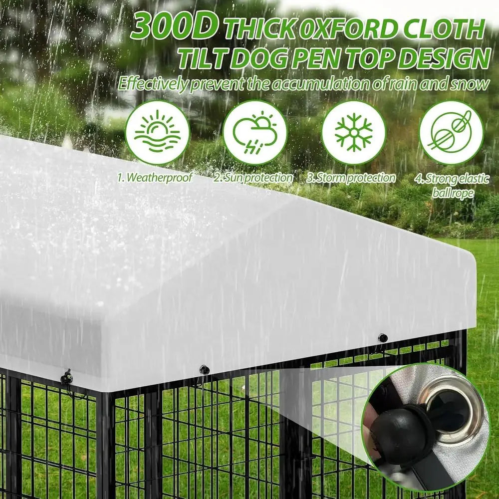 Sturdy Outdoor Dog Enclosure with Swiveling Food Dishes, 8 x 4 x 5.6 ft